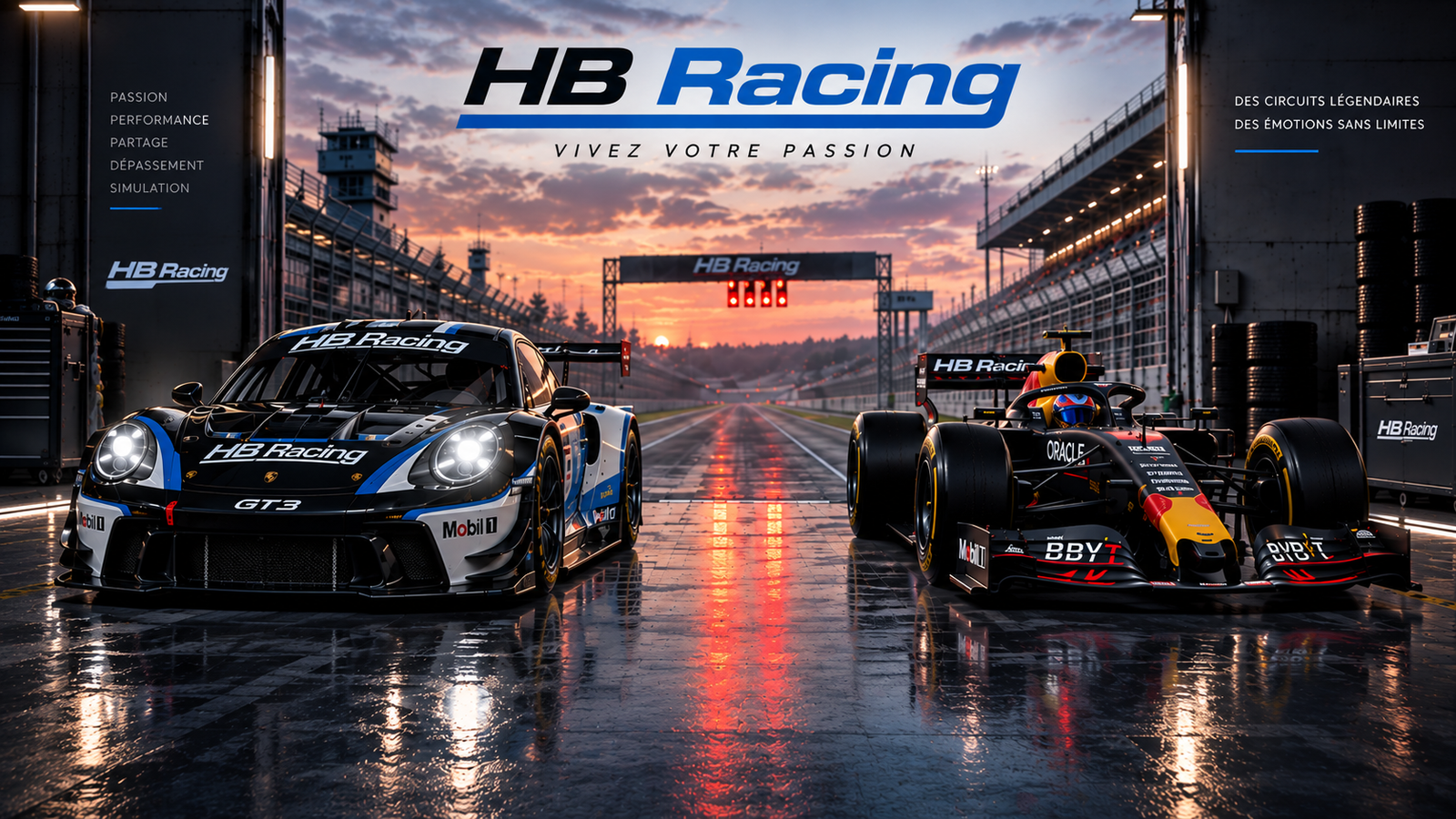 HB Racing — Porsche GT3 et monoplace au coucher de soleil